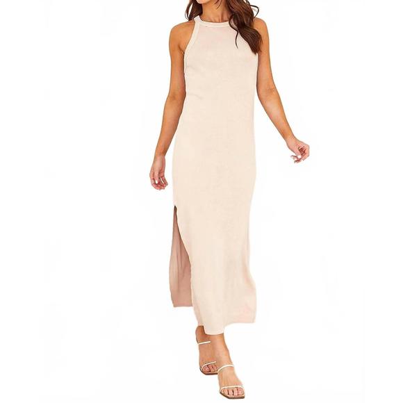 NEW BELLA DAHL fitted halter midi dress in khaki stone